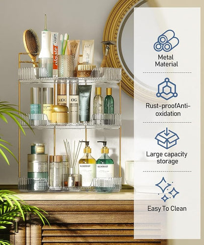 EUHOME 3-Tier Corner Bathroom Counter Organizer Makeup Cosmetic Storage, Tool-Free Installation Acrylic Vanity Shelf, Countertop Storage Organizers Perfume Tray for Bathroom, Dresser, Kitchen (Clear)