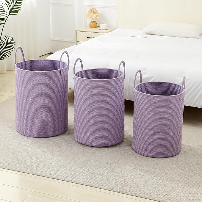 Laundry Basket Hamper Tall Rope Storage Woven for Blanket toys Dirty Clothes in Living Room Bathroom Bedroom (Purple, 60L/15.8Gal)