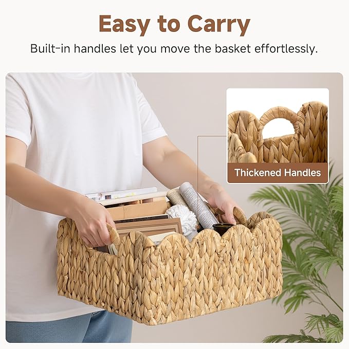 StorageWorks Scalloped Water Hyacinth Baskets, Hand-woven Rattan Baskets with Built-in Handles, Cute Baby Basket for Nursery, Basket for Organizing and Decor, 16½"L x 13"W x 7½"H