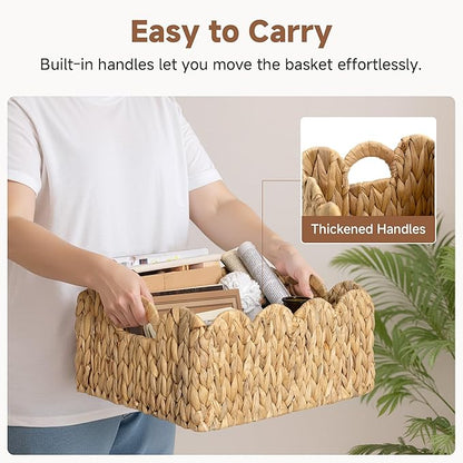 StorageWorks Scalloped Water Hyacinth Baskets, Hand-woven Rattan Baskets with Built-in Handles, Cute Baby Basket for Nursery, Basket for Organizing and Decor, 16½"L x 13"W x 7½"H