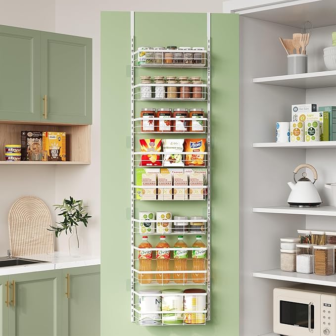 TOPCJ Over the Door Pantry Organizer,8-Tier Adjustable Heavy Duty Metal Hanging Storage Rack,Wall Mount Spice Shelf for Kitchen Bathroom Laundry Organization