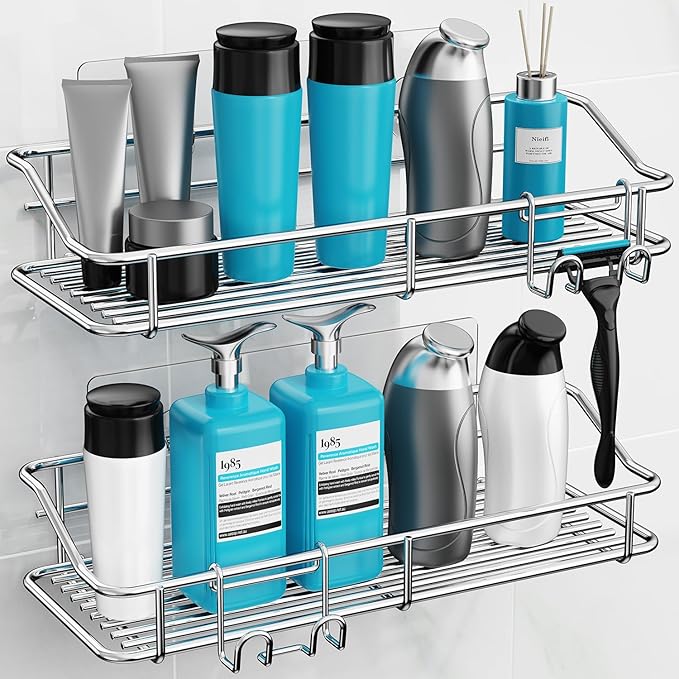 Nieifi Shower Caddy Shelf with Hooks Storage Rack Organizer Adhesive Stainless Steel without Drilling for Bathroom, Lavatory, Washroom, Restroom, Shower, Toilet, Kitchen (Sliver, 3 Pack)