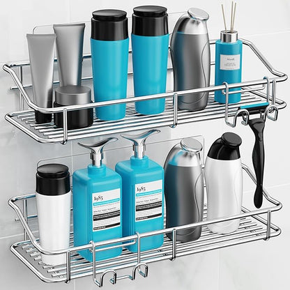 Nieifi Shower Caddy Shelf with Hooks Storage Rack Organizer Adhesive Stainless Steel without Drilling for Bathroom, Lavatory, Washroom, Restroom, Shower, Toilet, Kitchen (Sliver, 3 Pack)