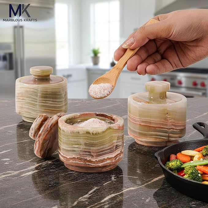 MARBLOUS KRAFTS Marble Salt Cellar with Lid 3" Inch Green Salt Jar & Table Salt Storage For Kitchen Countertop, Ideal Mother’s Day Gift for Mom, Salt Container, Salt Dish & Sugar Bowl For Table