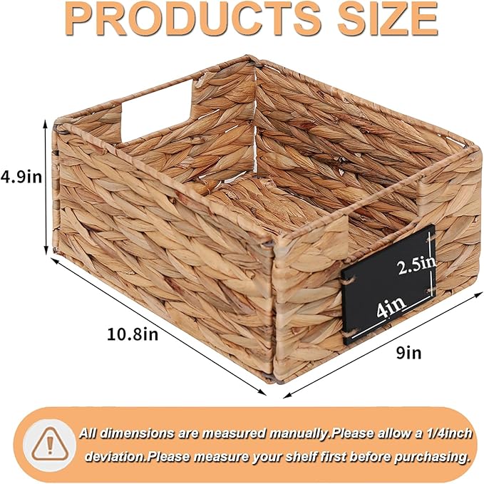 Water Hyacinth Storage Baskets Set of 4 - Foldable Seagrass Organizers with Chalk Labels,10.8x9x4.9 Inch,Rectangular Woven Pantry Bin for Shelves