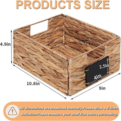 Water Hyacinth Storage Baskets Set of 4 - Foldable Seagrass Organizers with Chalk Labels,10.8x9x4.9 Inch,Rectangular Woven Pantry Bin for Shelves