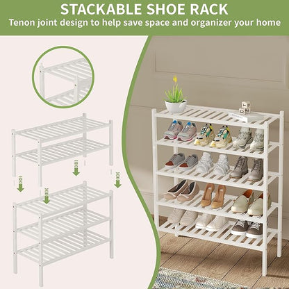 ROMGUAR CRAFT 2 Tier Bamboo Shoe Rack for Closet Free Standing Wood Shoe Shelf for Entryway Small Space Stackable 27"x11"x13" (White)