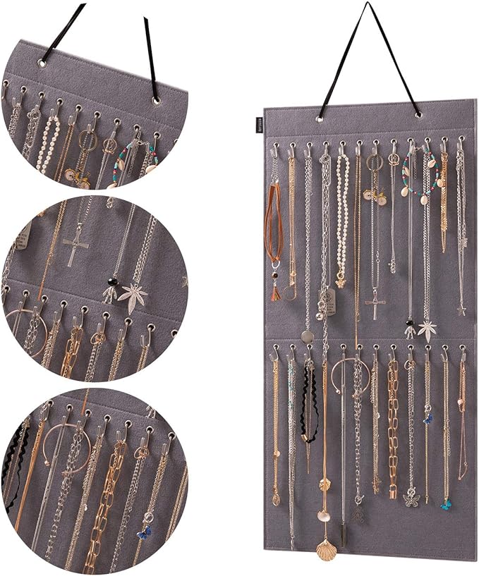 Hanging Jewelry Organizer Storage with 24 Hooks Wall Mounted Jewelry Display Hanging on Door Closet Necklace Holder for Bracelet Ring Chain-Patent Design(Gray)