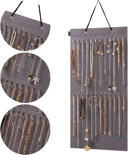 Hanging Jewelry Organizer Storage with 24 Hooks Wall Mounted Jewelry Display Hanging on Door Closet Necklace Holder for Bracelet Ring Chain-Patent Design(Gray)