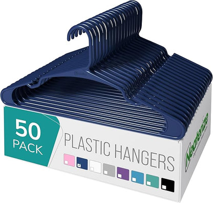 NEATERIZE Clothes Hangers Plastic 50 Pack for Adults - Plastic Hangers, The Perfect Coat Hanger and Space Saving Clothes Hangers for Closet, Percheros Ganchos para Colgar Ropa Hangars - Navy Hangers