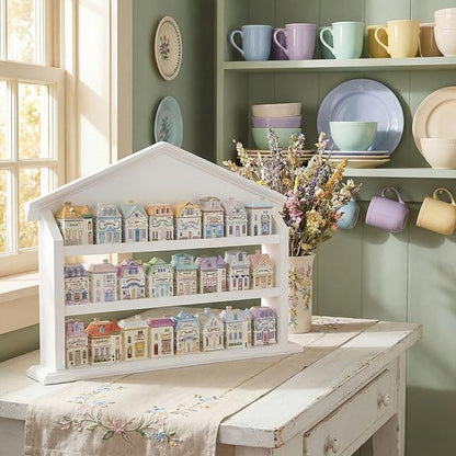 Chunful Spice Jar Wooden Rack with 3 Shelves Hanging Spice Rack Wall Mounting Kitchen Storage Village Style Display Shelf Organizer for 24 Jars, Shelf Only(White Classic House Style)
