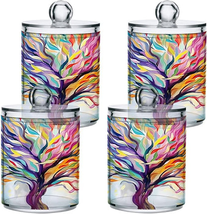 2 Pack Qtip Holder Dispenser for Cotton Ball Rainbow Life Of Tree Plant Swab Round Pads Clear Plastic Acrylic Jar Set Bathroom Canister