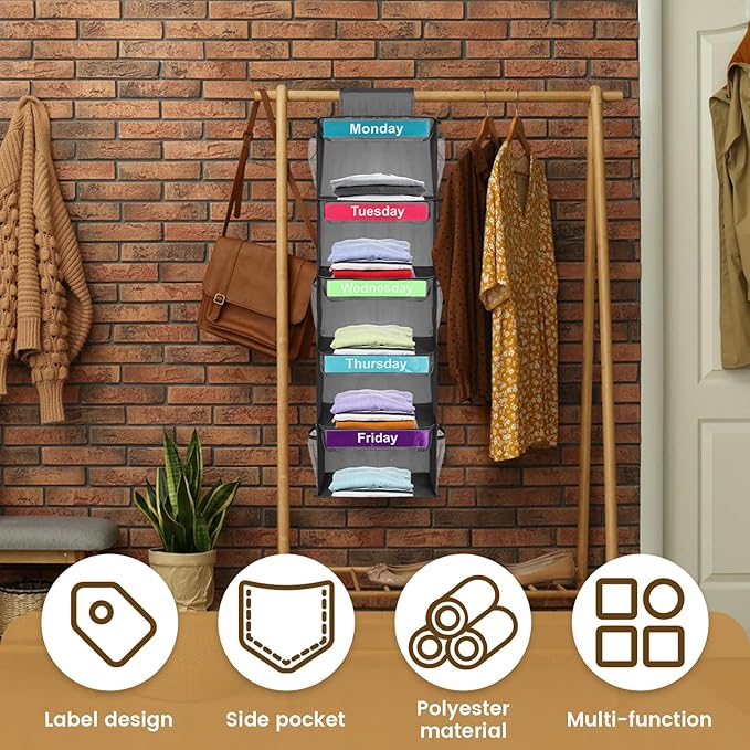 Kids Hanging Closet Organizer with 5 Shelves, Daily & Weekly Clothes Organizer for Hats, T-Shirts, Bags, Towels (Gray)