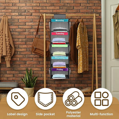 Kids Hanging Closet Organizer with 5 Shelves, Daily & Weekly Clothes Organizer for Hats, T-Shirts, Bags, Towels (Gray)
