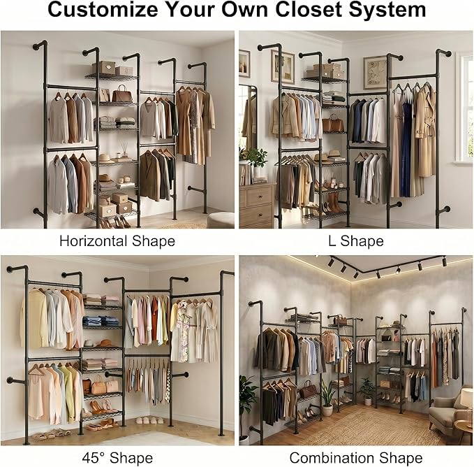 F4 Wall Mounted Closet System, Industrial Pipe Clothing Rack for Hanging Clothes, Heavy Duty Closet Organizer System, Clothes Racks with Shelves & Expandable Rod for Wardrobe, Corner, Black