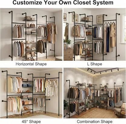F4 Wall Mounted Closet System, Industrial Pipe Clothing Rack for Hanging Clothes, Heavy Duty Closet Organizer System, Clothes Racks with Shelves & Expandable Rod for Wardrobe, Corner, Black
