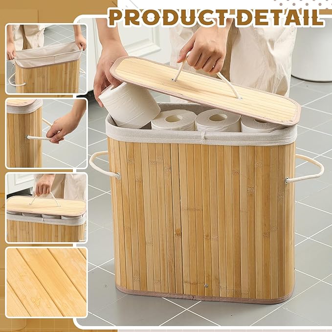 Leinuosen Bamboo Toilet Paper Storage Basket 8 Gallons/30 L Toilet Paper Organizer Holder with Lid Waterproof for Kitchen Bathroom Home(Beige,Regular)