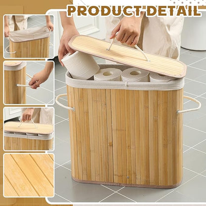 Leinuosen Bamboo Toilet Paper Storage Basket 8 Gallons/30 L Toilet Paper Organizer Holder with Lid Waterproof for Kitchen Bathroom Home(Beige,Regular)