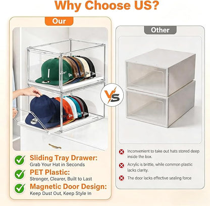 Hat Organizer for Baseball Caps, Clear Stackable Hat Storage Box with Magnetic Door & Sliding Drawer, Large Capacity, Dustproof Display Case for Closet 13