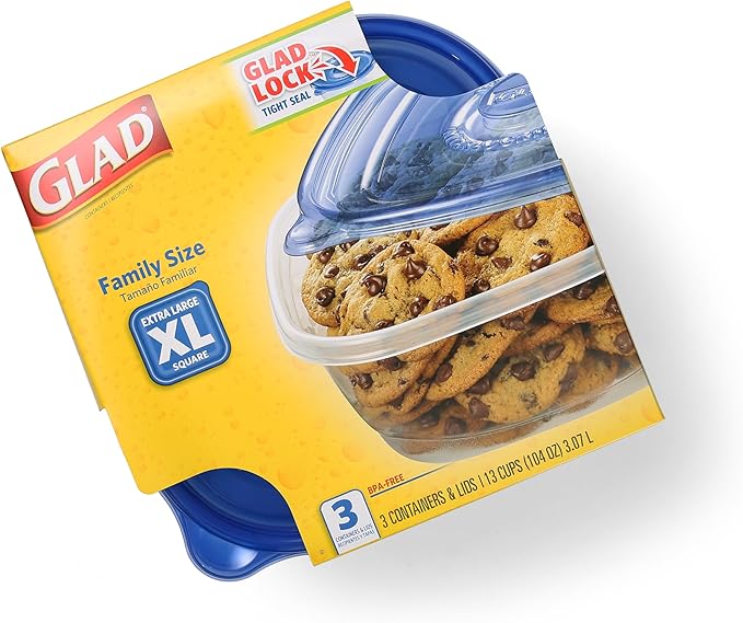 Glad GladWare XL Square Food Storage Containers with Lock Tight Lids, BPA-Free Family Size Plastic Containers for Leftovers, Meal Prep, and Freezer Storage, Dishwasher Safe, 104 Oz, 3 Count - 3 Pack