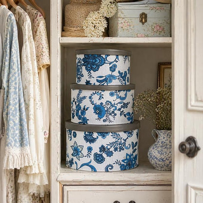 Household Essentials Floral Nestable Hat Boxes with Faux Leather Lids, Cream and Blue, Set of 3