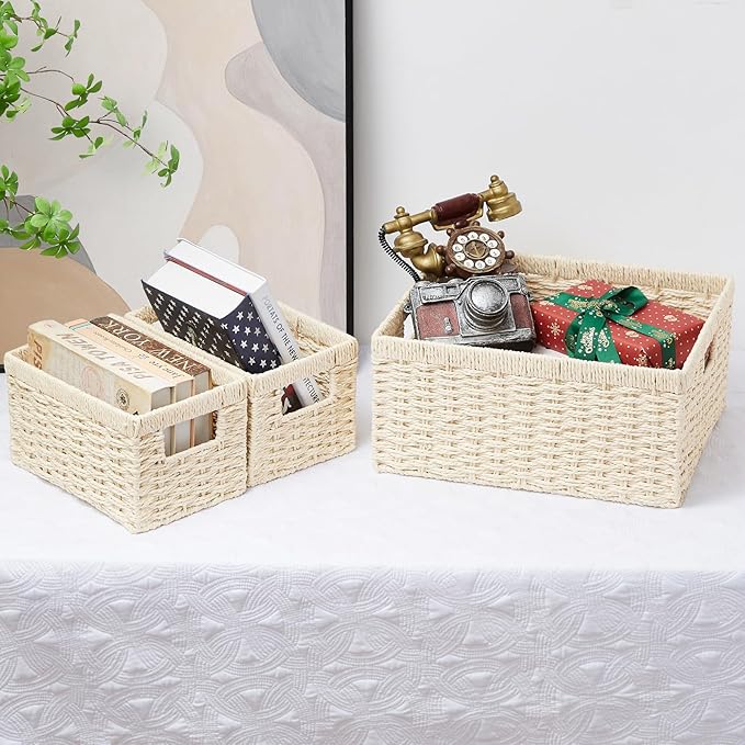 Vagusicc Wicker Storage Basket, Set of 3 Wicker Basket, Hand-Woven Paper Rope Storage Baskets for Organizing, Large Cube Storage Organizer Bins Baskets for Shelves Small Toilet Paper Baskets, Beige