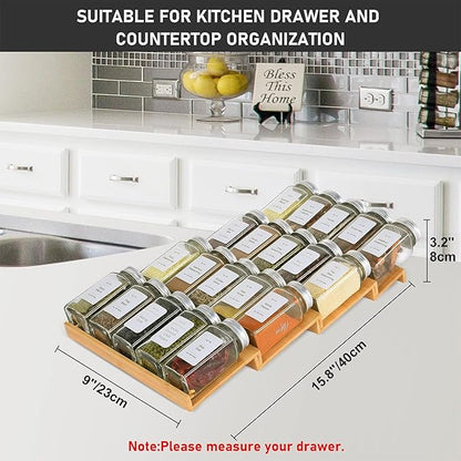 Spice Drawer Organizer with 18 Spice Jars,216 Labels,25 Non-slip Rubber, Bamboo 4 Tier Seasoning Rack Tray Insert for Kitchen Drawers,Cabinets,Countertop,9" Wide x 15.8" Deep