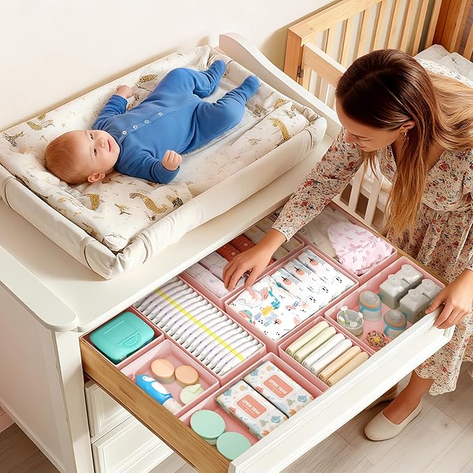 DIMJ Drawer Organizers Clothes, Set of 16 Dresser Organizer Bins, Fabric Closet Organizers and Storage, Shallow Drawer Dividers for Nursery, Clothing, Baby Clothes, Socks, Underwears, Tie (Pink)