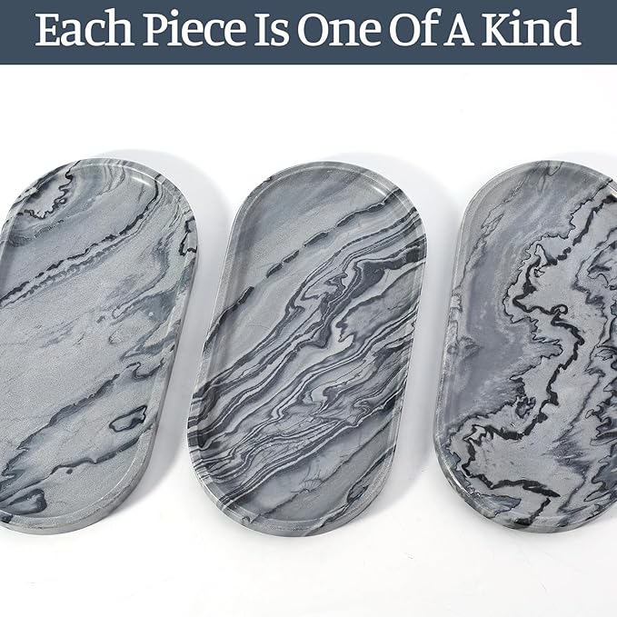 Koville Natural Marble Tray, 12"x6" Decorative Tray for Countertop, Catchall for Perfume, Candles, Jewelry Dish Elephant Grey