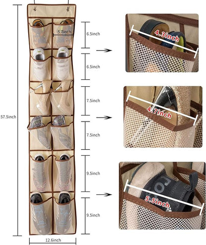 KEEPJOY Over The Door Shoe Organizer,Hanging Shoe Organizer 12 Mesh Pockets Shoe Organizer for Closet,Works Well for Men and Woman Kids Shoes Storage, 57.5×12.6inch(Beige)