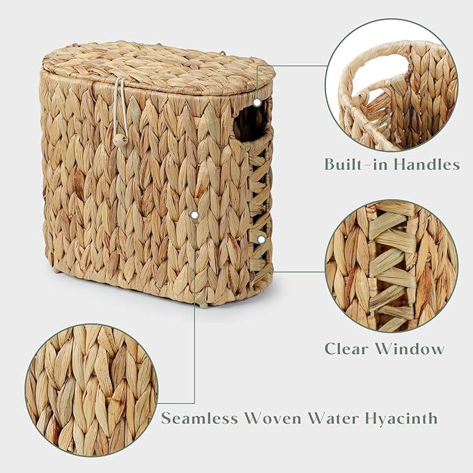 YANGQIHOME Toilet Paper Storage, Water Hyacinth Toilet Paper Storage with Lid, Papers Container for up to 4 Mega Rolls, Bathroom Basket Organizer