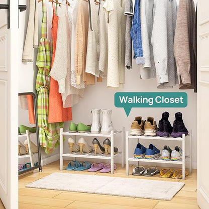viewcare White Small Shoe Rack for Entryway,2-Tier Bamboo Shoe Organizer for Hallway Closet, Free Standing Shoe Racks for Indoor Outdoor