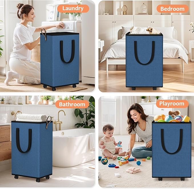 SpaceTrove Laundry Basket with Wheels, Collapsible Laundry Baskets, Laundry Hamper with Handles Detachable Wheels, Rolling Laundry Basket, Dirty Clothes Hamper for Bathroom, Dorm, Bedroom, Navy, 100L