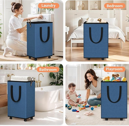 SpaceTrove Laundry Basket with Wheels, Collapsible Laundry Baskets, Laundry Hamper with Handles Detachable Wheels, Rolling Laundry Basket, Dirty Clothes Hamper for Bathroom, Dorm, Bedroom, Navy, 100L