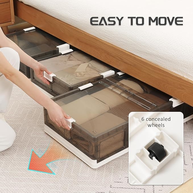 Under Bed Storage Containers with Wheels - Stackable, Foldable Plastic Storage Boxes with Lids for Clothes, Shoes, Blankets - Perfect for Bedroom Organization and Dorms (2 Pack-25.2''x16.5''x7.1'')