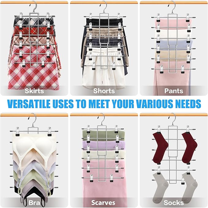 4 Pack Closet-Organizers-and-Storage, Metal Closet-Organizer-Pants-Hangers-Space-Saving, 6 Tier Organization and Storage Short Skirt Hangers Clip, Dorm Room Essentials for College Students Girls Boys