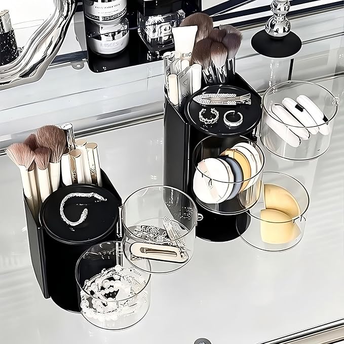 Azurphoric Hair Accessories Organizer with Hair Brush Holder, Rotatable Makeup Brush Holder for Necklaces, Earring, Bracelet, Ring, Makeup Brushes, Hair Clip and Hair Accessories (Black, 2-Layer)