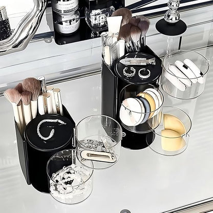 Azurphoric Hair Accessories Organizer with Hair Brush Holder, Rotatable Makeup Brush Holder for Necklaces, Earring, Bracelet, Ring, Makeup Brushes, Hair Clip and Hair Accessories (Black, 2-Layer)