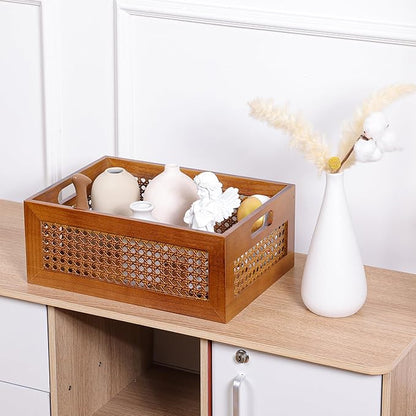 Wooden Storage Basket Handmade Rattan Drawer Storage Box with Frame & Handles Decorative Natural Bamboo Woven Bins Rustic Farmhouse Decor Home Office Tabletop Shelf Organizer 13.8" x 9.8" x 5.5"