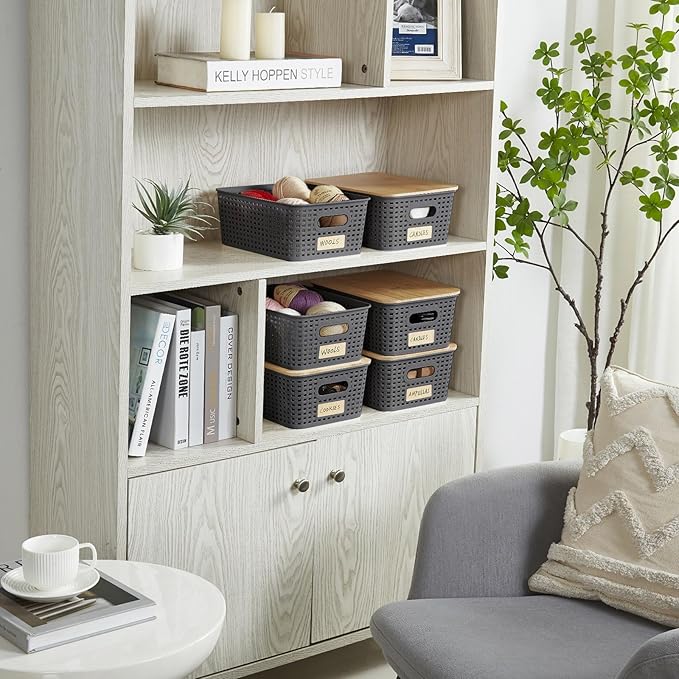 Bagnizer Small Plastic Storage Bins with Bamboo Lids 5.2qt Stackable Box Basket Pantry Decorative Containers Cute with Lable for Organizing Desktop Closet Office Gray of 6 packs 10 * 7.2 * 4.1"