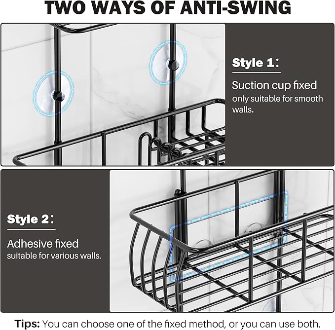 Epicano Shower Caddy Hanging, Anti-Swing Over Head Shower Caddy Rustproof with Hooks for Towels, Sponge and More, Matte Black
