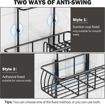 Epicano Shower Caddy Hanging, Anti-Swing Over Head Shower Caddy Rustproof with Hooks for Towels, Sponge and More, Matte Black