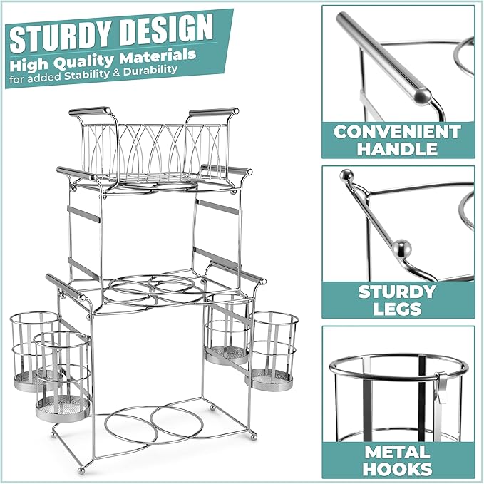 Sorbus Buffet Caddy — 7-Piece Stackable Set Includes Plate, Napkin, and Silverware Holder, 3-Tier Detachable Tabletop Organizer Ideal for Kitchen, Dining, Entertaining, Parties, Thanksgiving (Silver)