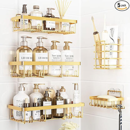 Liuoud 5 Pack Shower Caddy Organizer Rack Shelf for Inside Shower, Self Adhesive Wall Storage Basket Rustproof Stainless Steel Shampoo Holder Bathroom Accessory Decor Set, Gold