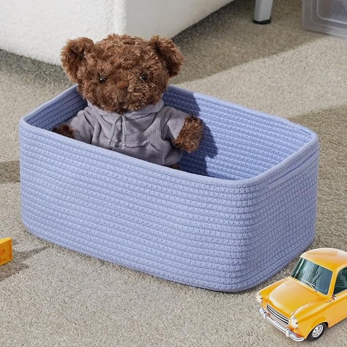 3-Pack Storage Baskets for Organizing | Woven Shelf Toy Basket | Rope Baskets for Gifts Empty | Closet Organizer Bins with Handles | Cube Decorative Box | 13.7×7.1×6.7” | Sky Blue