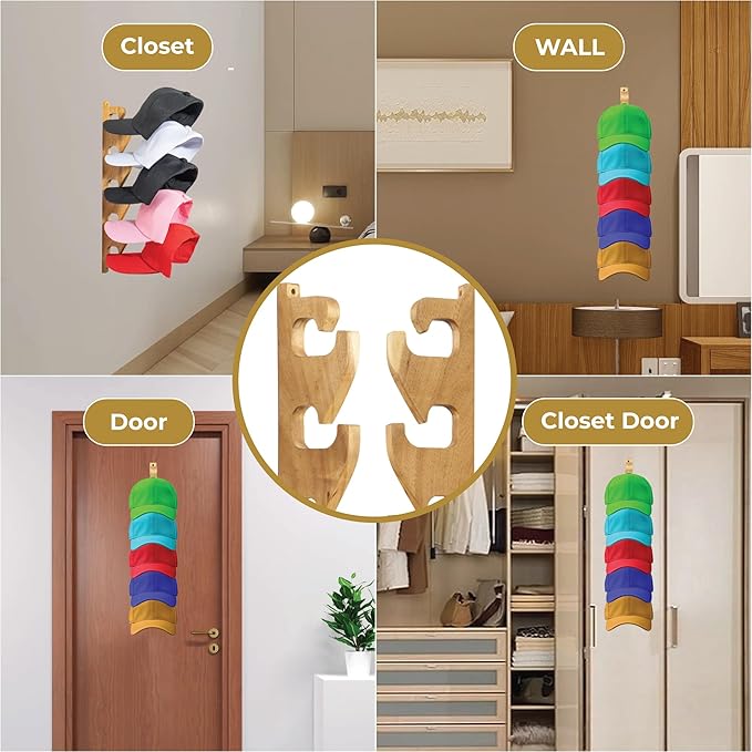 2 Pack Acacia Wood Hat Organizer for Wall, Vertical Baseball Cap Display Rack with 3 Hanging Options, Hat Holder with Adhesive or Screws, Space-Saving Storage for Closet & Entryway