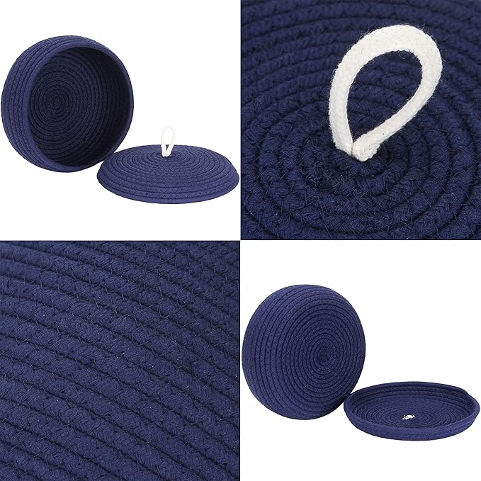 Sea Team Round Cotton Rope Storage Basket with Lid, Decorative Woven Storage Bin, Pot, Caddy, Organizer, Container for Snacks, Towels, Plants, 10 x 4.5 Inches (Small, Shallow, Dark Blue)