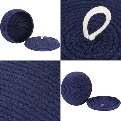 Sea Team Round Cotton Rope Storage Basket with Lid, Decorative Woven Storage Bin, Pot, Caddy, Organizer, Container for Snacks, Towels, Plants, 10 x 4.5 Inches (Small, Shallow, Dark Blue)
