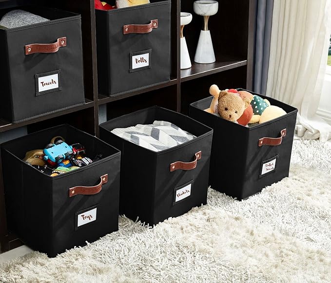 DECOMOMO Storage Bins, Cube Storage Bin with Labels, Fabric Storage Cubes for Shelves (10.5" x 11" / 6pcs, Black)