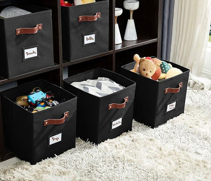 DECOMOMO Storage Bins, Cube Storage Bin with Labels, Fabric Storage Cubes for Shelves (10.5" x 11" / 6pcs, Black)